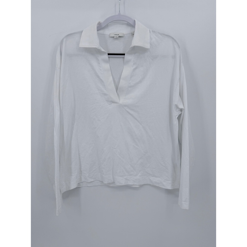 Vince Top Womens L White Long Sleeve V-Neck Polo Cotton Relaxed Shirt